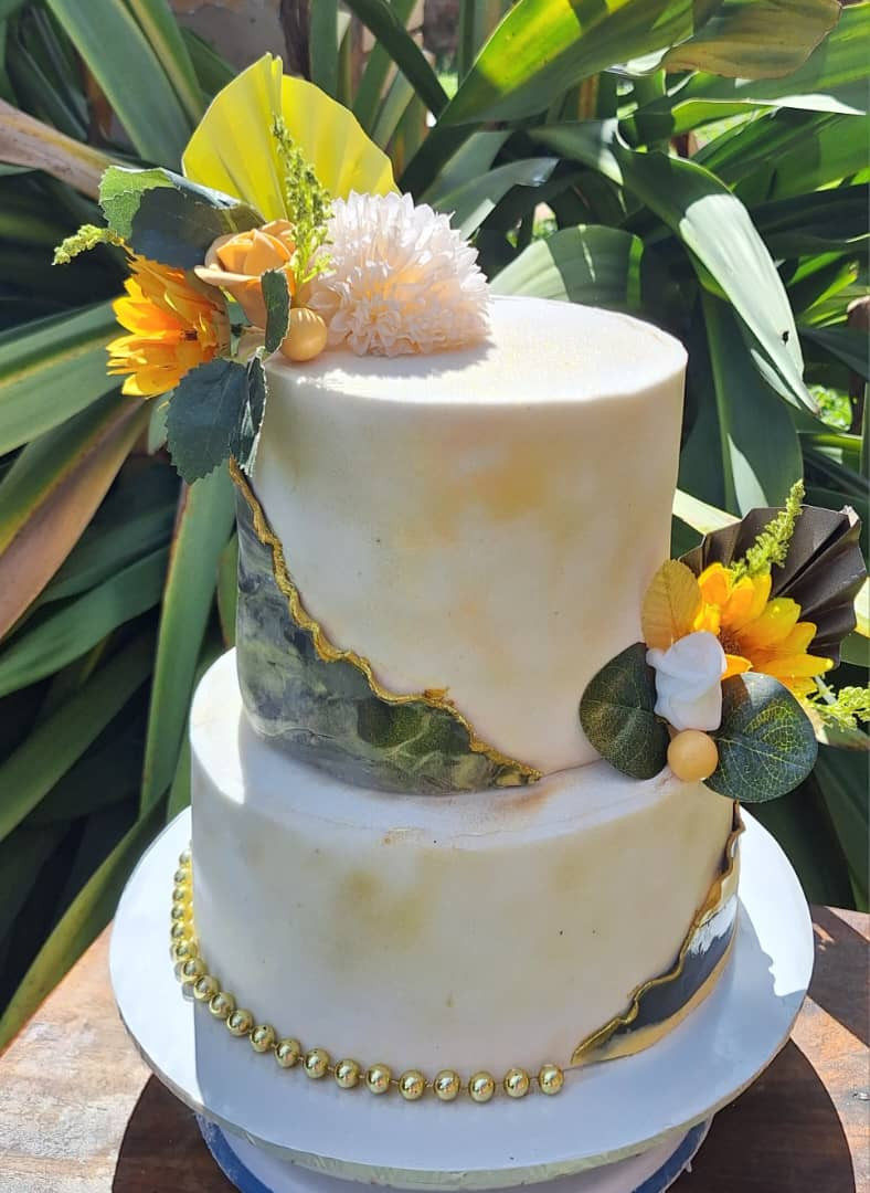 Gold Geode & Sunflower Two-Tier Cake